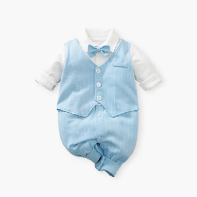 Pigiama per neonato, maniche lunghe in cotone 100% stile gentiluomo di colore chiaro, a maniche lunghe con papillon